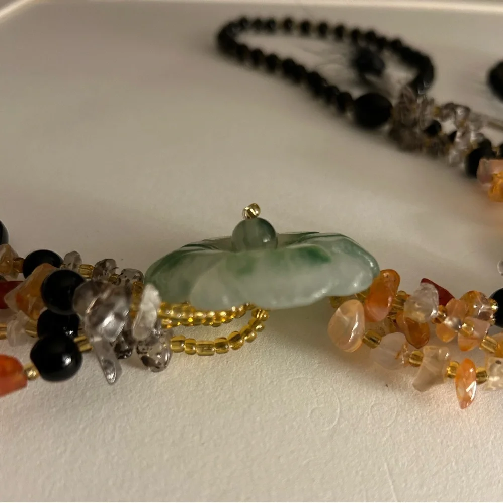Necklace Artisan Jade flower tassel, Onyx, Rutilated Quartz, Carnelian beads